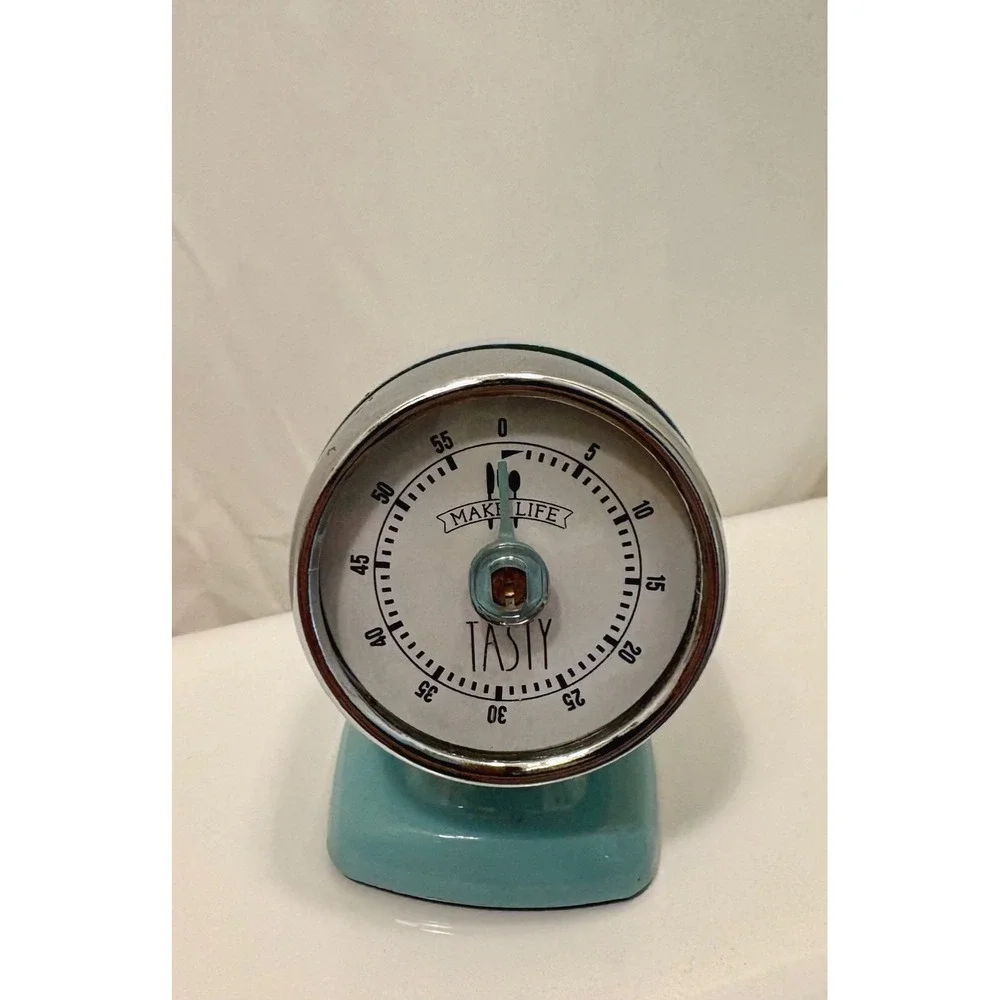 Manual Kitchen Timer Savor the Day MCM Style Turquoise & Chrome 3in Works Well